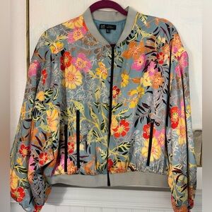 ZARA Silk Cropped Elastic Floral Bomber Teal Tropical Size M